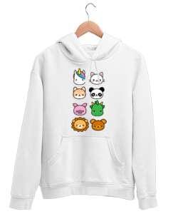 KAWAI HAYVANLAR Beyaz Unisex Kapşonlu Sweatshirt