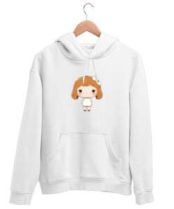 Kawai Küçük Kız Beyaz Unisex Kapşonlu Sweatshirt