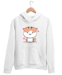 KAWAİİ CUTE CAT Beyaz Unisex Kapşonlu Sweatshirt