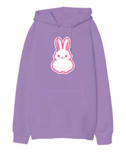 Kawaii Tavşan Lila Oversize Unisex Kapüşonlu Sweatshirt