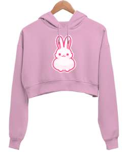  Kawaii Tavşan Pembe Kadın Crop Hoodie Kapüşonlu Sweatshirt