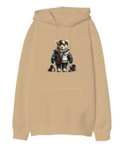 Kayakçı Ayıcık, ekose ceketli Camel Oversize Unisex Kapüşonlu Sweatshirt