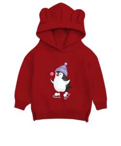 Kaykay Penguen Kırmızı Unisex Çocuk Ayı Hoodie Kapşonlu