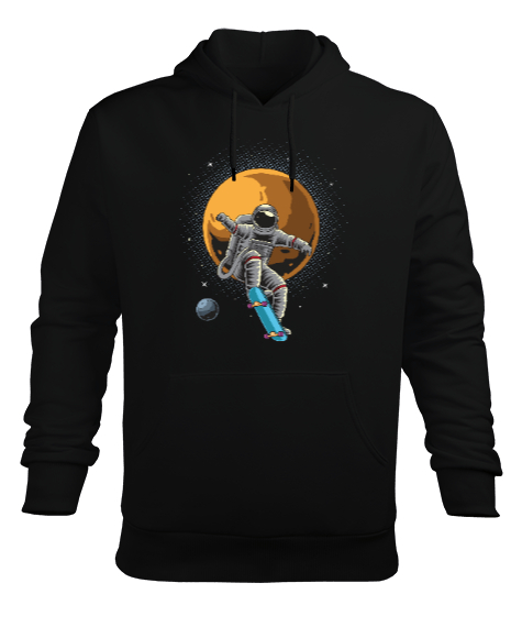 Kaykay Yapan Astronot - Retro Skateboarding Astronaut Baskılı Siyah Erkek Kapüşonlu Hoodie Sweatshirt