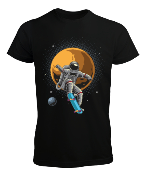 Kaykay Yapan Astronot - Retro Skateboarding Astronaut Baskılı Siyah Erkek Tişört