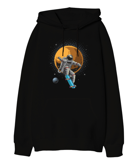 Kaykay Yapan Astronot - Retro Skateboarding Astronaut Baskılı Siyah Oversize Unisex Kapüşonlu Sweatshirt