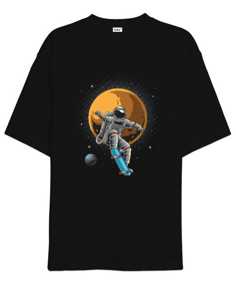 Kaykay Yapan Astronot - Retro Skateboarding Astronaut Baskılı Siyah Oversize Unisex Tişört