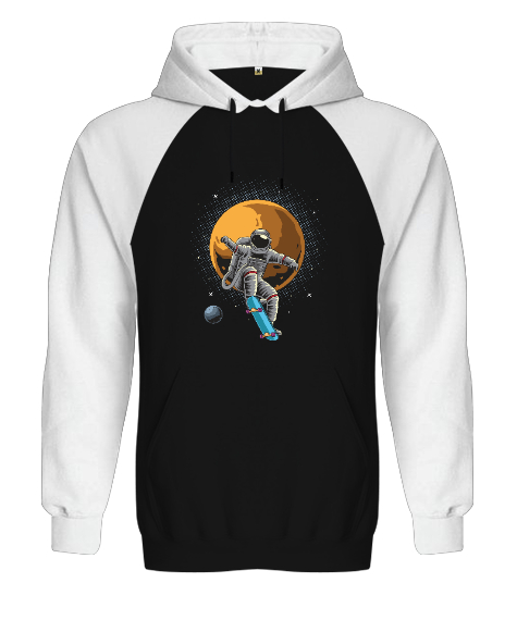 Kaykay Yapan Astronot - Retro Skateboarding Astronaut Baskılı Siyah/Beyaz Orjinal Reglan Hoodie Unisex Sweatshirt