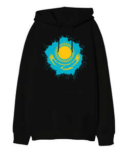 Kazakistan, Kazakhstan Symbol Siyah Oversize Unisex Kapüşonlu Sweatshirt