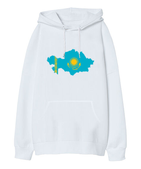 Tisho - Kazakistan, Kazakhstan V4 Beyaz Oversize Unisex Kapüşonlu Sweatshirt