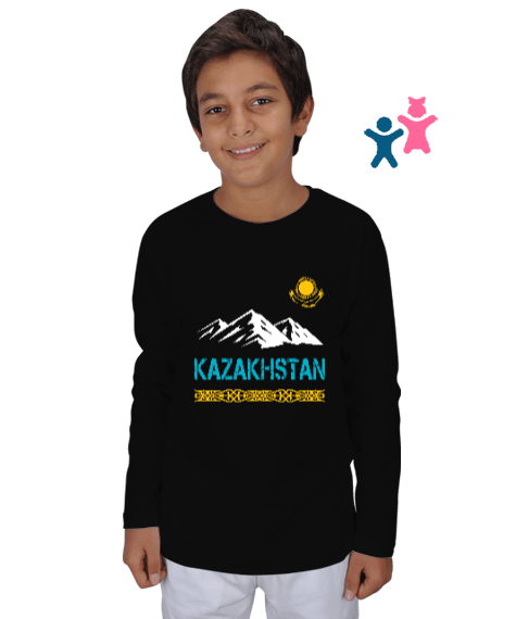 Kazakistan,Kazakhstan,Kazakistan Bayrağı,Kazakistan logosu,Kazakhstan flag. Siyah Çocuk Unisex Uzunkollu