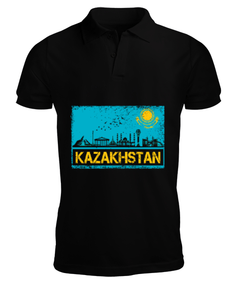 Kazakistan,Kazakhstan,Kazakistan Bayrağı,Kazakistan logosu,Kazakhstan flag. Siyah Erkek Kısa Kol Polo Yaka