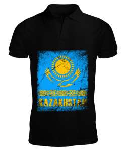 Kazakistan,Kazakhstan,Kazakistan Bayrağı,Kazakistan logosu,Kazakhstan flag. Siyah Erkek Kısa Kol Polo Yaka