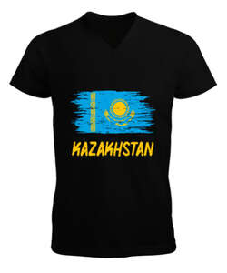 Kazakistan,Kazakhstan,Kazakistan Bayrağı,Kazakistan logosu,Kazakhstan flag. Siyah Erkek Kısa Kol V Yaka Tişört