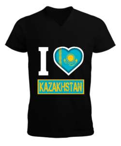 Kazakistan,Kazakhstan,Kazakistan Bayrağı,Kazakistan logosu,Kazakhstan flag. Siyah Erkek Kısa Kol V Yaka Tişört