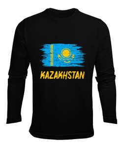 Kazakistan,Kazakhstan,Kazakistan Bayrağı,Kazakistan logosu,Kazakhstan flag. Siyah Erkek Uzun Kol Yazlık Tişört