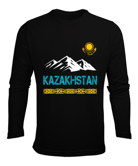 Kazakistan,Kazakhstan,Kazakistan Bayrağı,Kazakistan logosu,Kazakhstan flag. Siyah Erkek Uzun Kol Yazlık Tişört