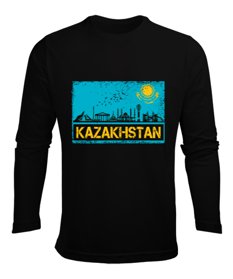 Kazakistan,Kazakhstan,Kazakistan Bayrağı,Kazakistan logosu,Kazakhstan flag. Siyah Erkek Uzun Kol Yazlık Tişört