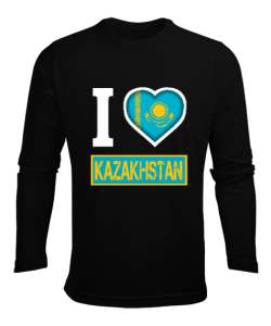 Kazakistan,Kazakhstan,Kazakistan Bayrağı,Kazakistan logosu,Kazakhstan flag. Siyah Erkek Uzun Kol Yazlık Tişört