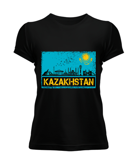 Kazakistan,Kazakhstan,Kazakistan Bayrağı,Kazakistan logosu,Kazakhstan flag. Siyah Kadın Tişört