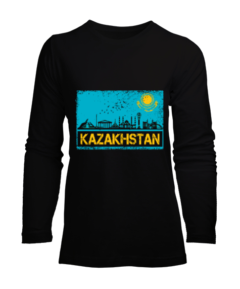 Kazakistan,Kazakhstan,Kazakistan Bayrağı,Kazakistan logosu,Kazakhstan flag. Siyah Kadın Uzun Kol Tişört