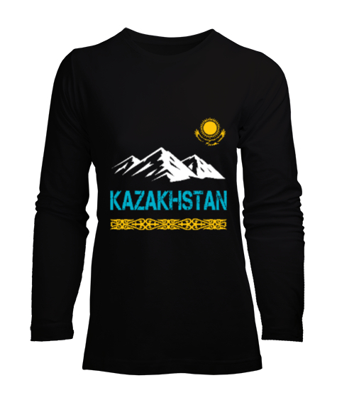 Kazakistan,Kazakhstan,Kazakistan Bayrağı,Kazakistan logosu,Kazakhstan flag. Siyah Kadın Uzun Kol Tişört