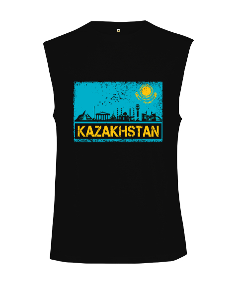 Kazakistan,Kazakhstan,Kazakistan Bayrağı,Kazakistan logosu,Kazakhstan flag. Siyah Kesik Kol Unisex Tişört