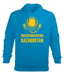 Kazakistan,Kazakhstan,Kazakistan Bayrağı,Kazakistan logosu,Kazakhstan flag. Turkuaz Erkek Kapüşonlu Hoodie Sweatshirt