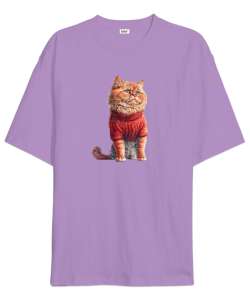 Kazaklı Kedi - Cat Lila Oversize Unisex Tişört