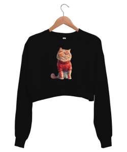 Kazaklı Kedi - Cat Siyah Kadın Crop Sweatshirt