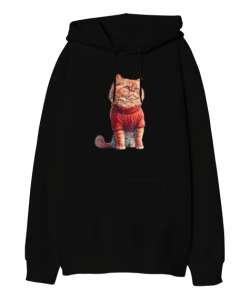 Kazaklı Kedi - Cat Siyah Oversize Unisex Kapüşonlu Sweatshirt