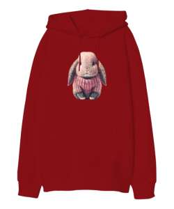 Kazaklı Sevimli Tavşan - Rabbit Kırmızı Oversize Unisex Kapüşonlu Sweatshirt