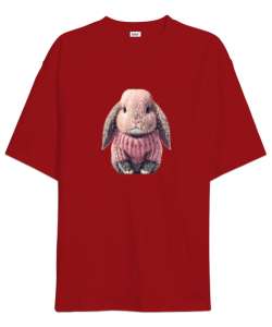 Kazaklı Sevimli Tavşan - Rabbit Kırmızı Oversize Unisex Tişört