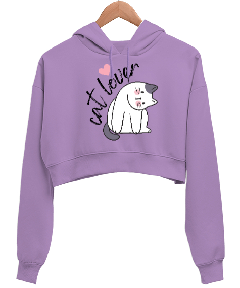 Kedi 4 Lila Kadın Crop Hoodie Kapüşonlu Sweatshirt