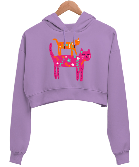 Kedi 5 Lila Kadın Crop Hoodie Kapüşonlu Sweatshirt