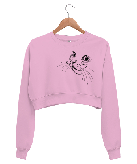 Tisho - Kedi Bakışı Çizim - Cat Pembe Kadın Crop Sweatshirt