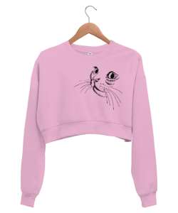 Kedi Bakışı Çizim - Cat Pembe Kadın Crop Sweatshirt