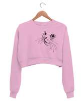 Kedi Bakışı Çizim - Cat Pembe Kadın Crop Sweatshirt - Thumbnail