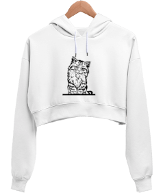 Kedi bakışlı baskı Kadın Crop Hoodie Kapüşonlu Sweatshirt