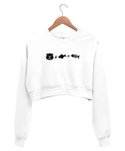 Kedi, Balık ve Sonuç - Cat And Fish Beyaz Kadın Crop Sweatshirt