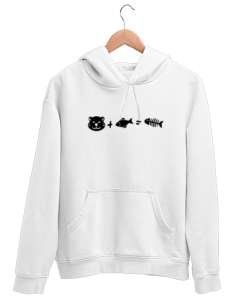 Kedi, Balık ve Sonuç - Cat And Fish Beyaz Unisex Kapşonlu Sweatshirt