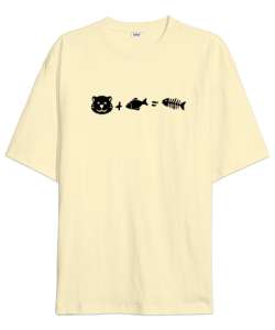 Kedi, Balık ve Sonuç - Cat And Fish Krem Oversize Unisex Tişört