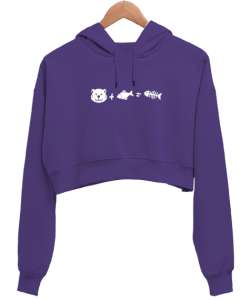 Kedi, Balık ve Sonuç - Cat And Fish Mor Kadın Crop Hoodie Kapüşonlu Sweatshirt