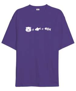 Kedi, Balık ve Sonuç - Cat And Fish Mor Oversize Unisex Tişört