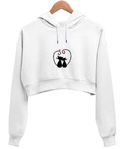 Kedi Baskılı Beyaz Kadın Crop Hoodie Kapüşonlu Sweatshirt