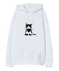 Kedi Baskılı Beyaz Oversize Unisex Kapüşonlu Sweatshirt