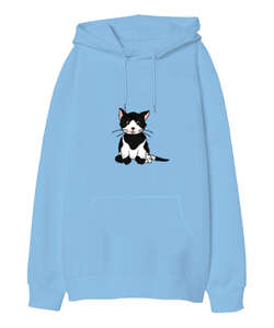 Kedi Baskılı Buz Mavisi Oversize Unisex Kapüşonlu Sweatshirt