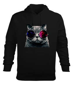 kedi baskılı Siyah Erkek Kapüşonlu Hoodie Sweatshirt