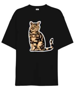 Kedi baskılı Siyah Oversize Unisex Tişört