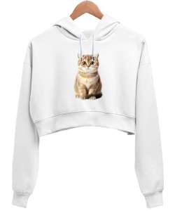 kedi beyaz Beyaz Kadın Crop Hoodie Kapüşonlu Sweatshirt